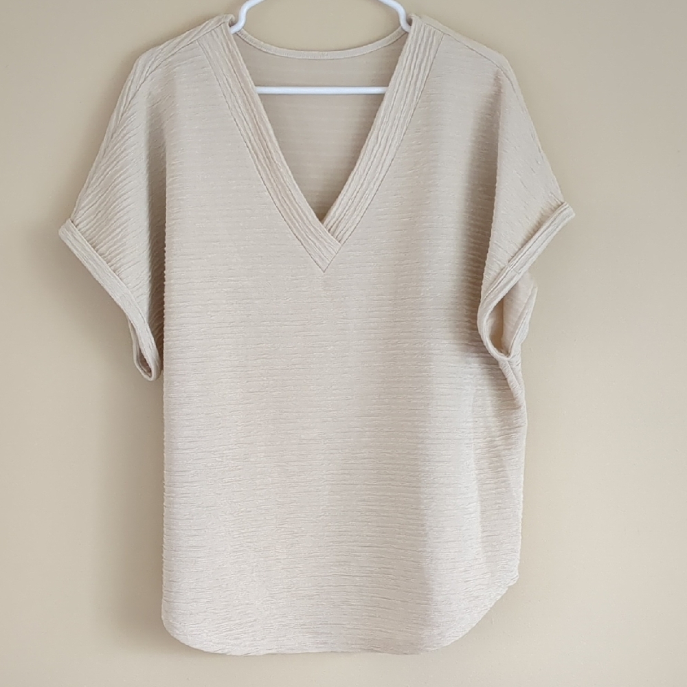 24" Pit-to-Pit Sand Short Sleeve Crinkle Textured Neutral Shirt Top
